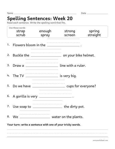 Preview of the printable “Spelling Sentences: week 20 (Three-letter blends: scr, spr, str)” worksheet: writing spelling words in sentences