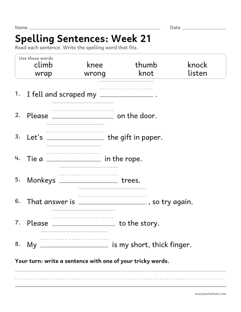 Preview of the printable “Spelling Sentences: week 21 (Silent letters: kn, wr, mb)” worksheet: writing spelling words in sentences