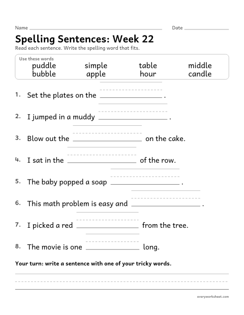 Preview of the printable “Spelling Sentences: week 22 (Words with -le)” worksheet: writing spelling words in sentences