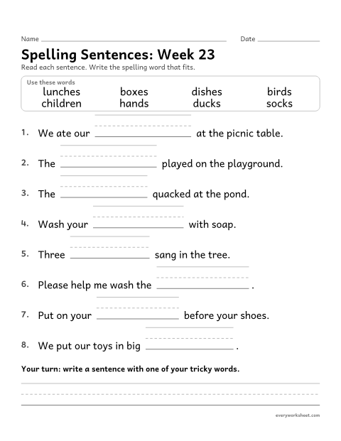 Preview of the printable “Spelling Sentences: week 23 (Plurals: -s and -es)” worksheet: writing spelling words in sentences
