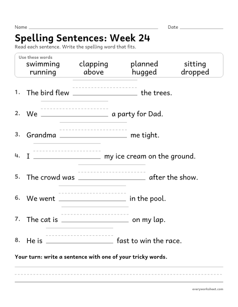 Preview of the printable “Spelling Sentences: week 24 (Endings: double the last letter)” worksheet: writing spelling words in sentences