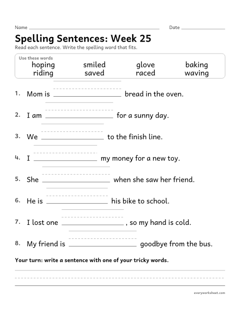 Preview of the printable “Spelling Sentences: week 25 (Endings: drop the e)” worksheet: writing spelling words in sentences