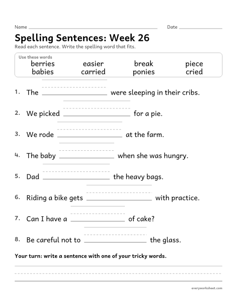 Preview of the printable “Spelling Sentences: week 26 (Endings: change y to i)” worksheet: writing spelling words in sentences