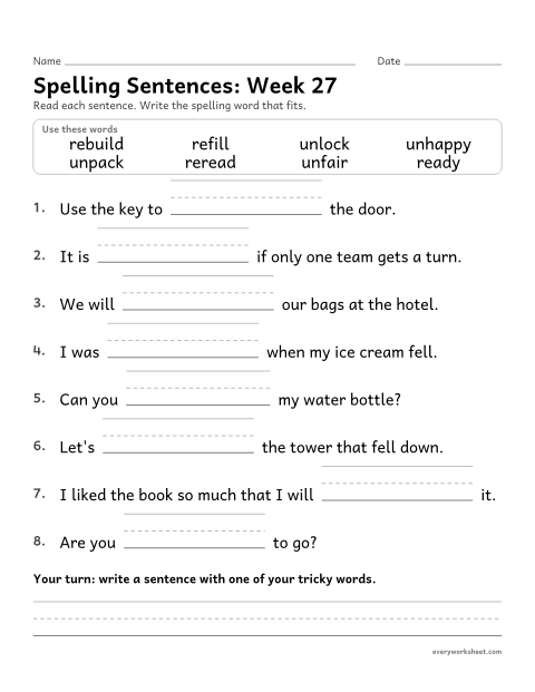 Preview of the printable “Spelling Sentences: week 27 (Prefixes un- and re-)” worksheet: writing spelling words in sentences