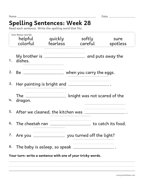 Preview of the printable “Spelling Sentences: week 28 (Suffixes -ful, -less and -ly)” worksheet: writing spelling words in sentences