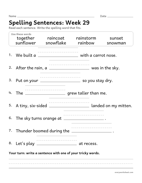 Preview of the printable “Spelling Sentences: week 29 (Compound words)” worksheet: writing spelling words in sentences