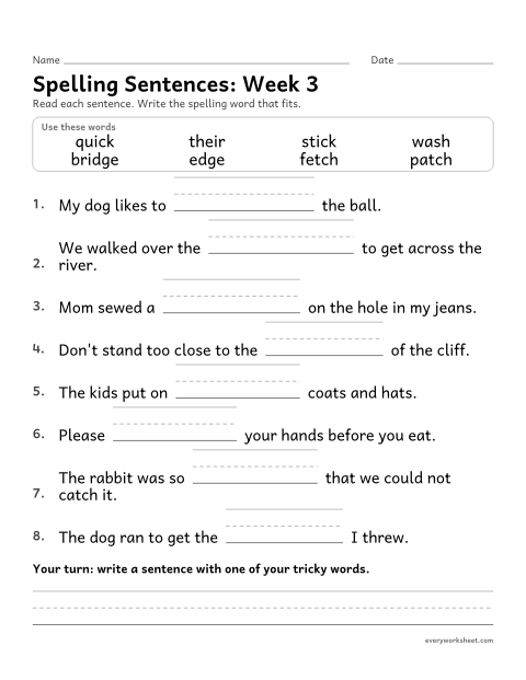 Preview of the printable “Spelling Sentences: week 3 (-ck, -tch and -dge)” worksheet: writing spelling words in sentences