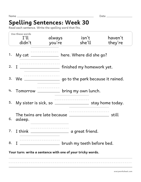 Preview of the printable “Spelling Sentences: week 30 (Contractions)” worksheet: writing spelling words in sentences