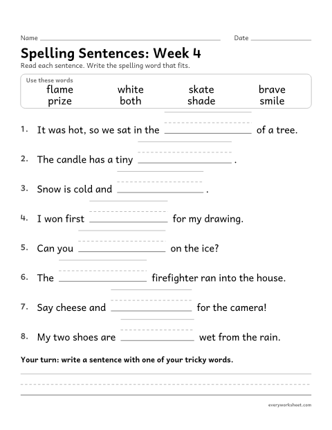 Preview of the printable “Spelling Sentences: week 4 (Silent e: a_e and i_e)” worksheet: writing spelling words in sentences