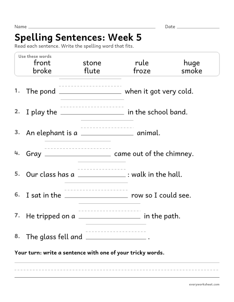 Preview of the printable “Spelling Sentences: week 5 (Silent e: o_e and u_e)” worksheet: writing spelling words in sentences