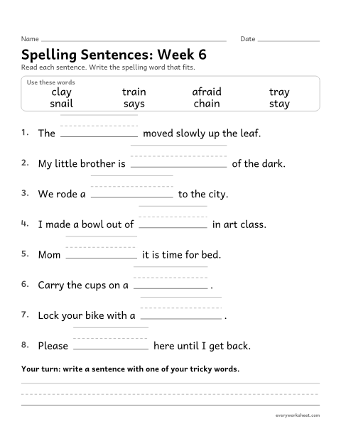 Preview of the printable “Spelling Sentences: week 6 (Long a: ai and ay)” worksheet: writing spelling words in sentences