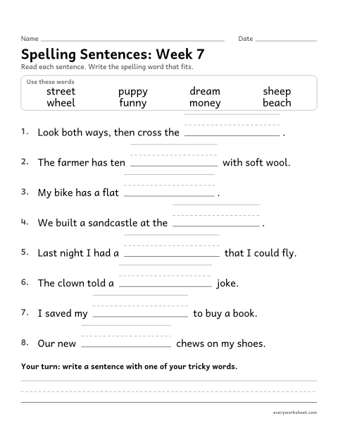 Preview of the printable “Spelling Sentences: week 7 (Long e: ee, ea and y)” worksheet: writing spelling words in sentences