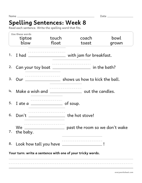 Preview of the printable “Spelling Sentences: week 8 (Long o: oa, ow and oe)” worksheet: writing spelling words in sentences
