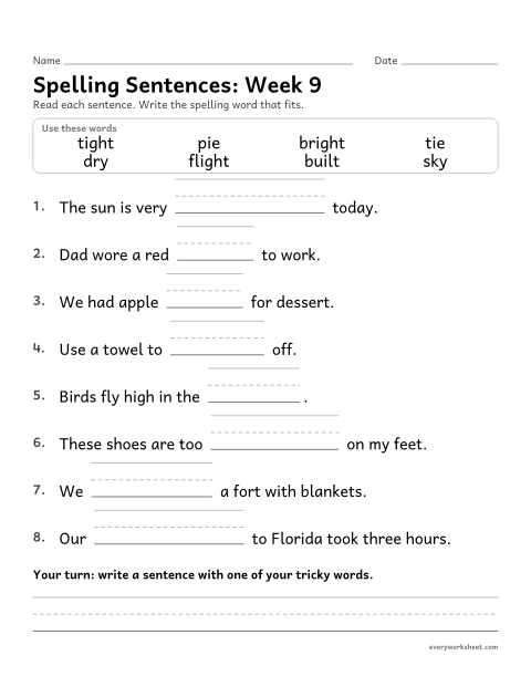 Preview of the printable “Spelling Sentences: week 9 (Long i: igh, ie and y)” worksheet: writing spelling words in sentences