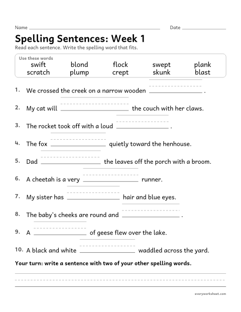 Preview of the printable “Spelling Sentences: week 1 (Short vowels)” worksheet: writing spelling words in sentences