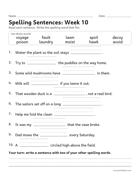 Preview of the printable “Spelling Sentences: week 10 (oi, oy, au and aw)” worksheet: writing spelling words in sentences