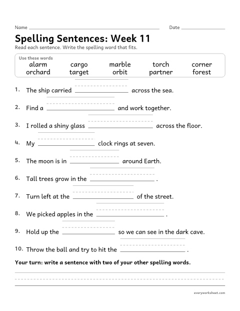 Preview of the printable “Spelling Sentences: week 11 (ar and or)” worksheet: writing spelling words in sentences