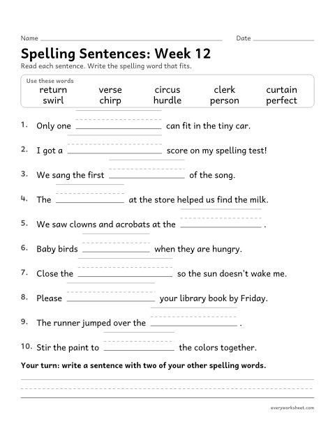 Preview of the printable “Spelling Sentences: week 12 (er, ir and ur)” worksheet: writing spelling words in sentences