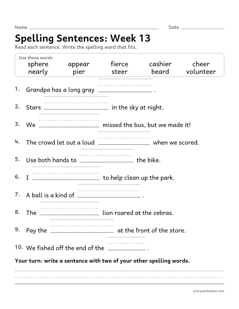 Preview of the printable “Spelling Sentences: week 13 (ear, eer, ere and ier)” worksheet: writing spelling words in sentences
