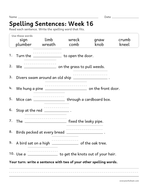Preview of the printable “Spelling Sentences: week 16 (Silent letters: kn, wr, gn, mb)” worksheet: writing spelling words in sentences