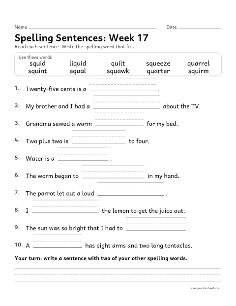 Preview of the printable “Spelling Sentences: week 17 (qu and squ)” worksheet: writing spelling words in sentences