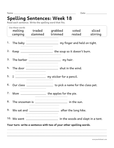 Preview of the printable “Spelling Sentences: week 18 (Adding -ed and -ing)” worksheet: writing spelling words in sentences