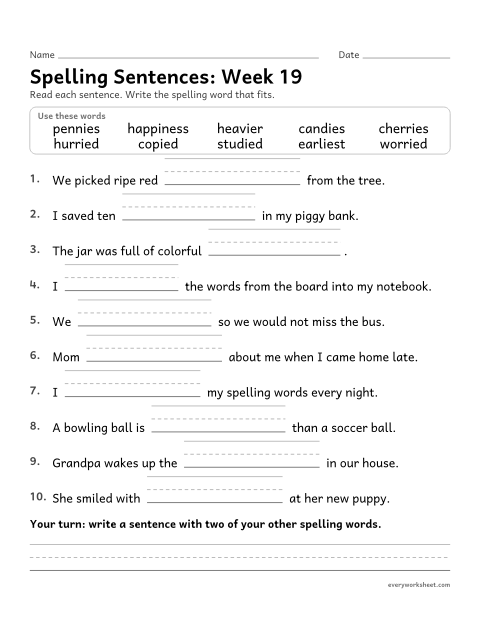 Preview of the printable “Spelling Sentences: week 19 (Change y to i)” worksheet: writing spelling words in sentences