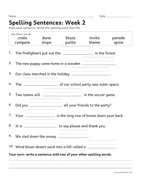 Preview of the printable “Spelling Sentences: week 2 (Long vowels with silent e)” worksheet: writing spelling words in sentences