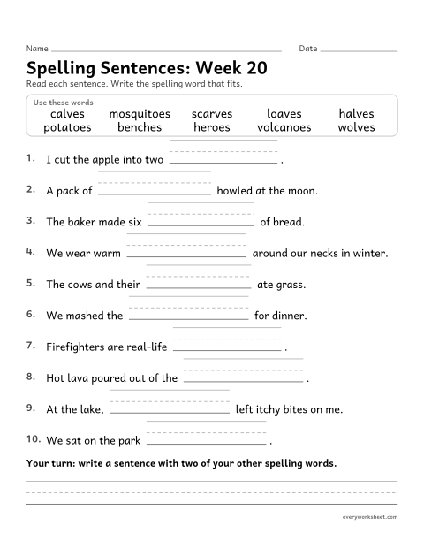 Preview of the printable “Spelling Sentences: week 20 (Plurals: -es, -oes and -ves)” worksheet: writing spelling words in sentences