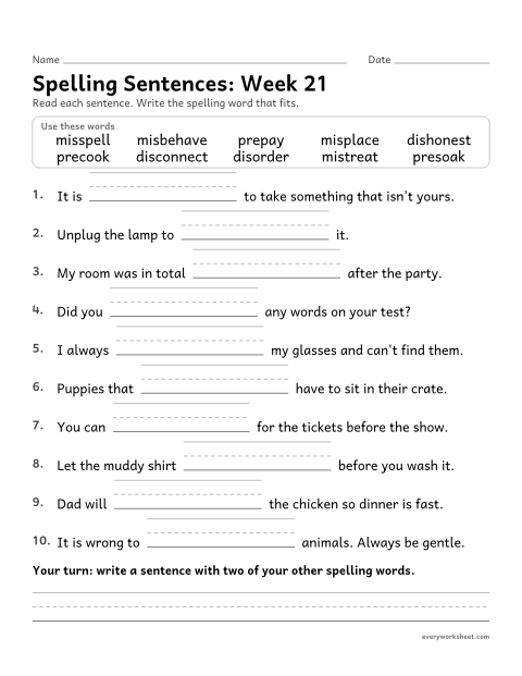 Preview of the printable “Spelling Sentences: week 21 (Prefixes dis-, mis- and pre-)” worksheet: writing spelling words in sentences