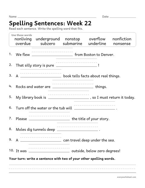 Preview of the printable “Spelling Sentences: week 22 (Prefixes non-, over-, under- and sub-)” worksheet: writing spelling words in sentences