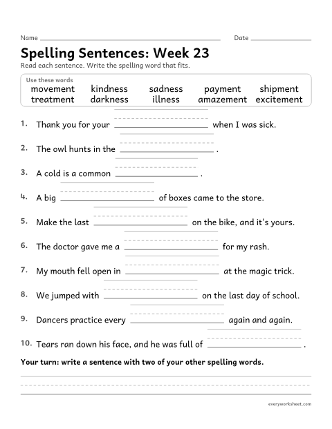 Preview of the printable “Spelling Sentences: week 23 (Suffixes -ness and -ment)” worksheet: writing spelling words in sentences