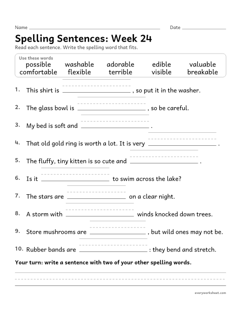 Preview of the printable “Spelling Sentences: week 24 (Suffixes -able and -ible)” worksheet: writing spelling words in sentences