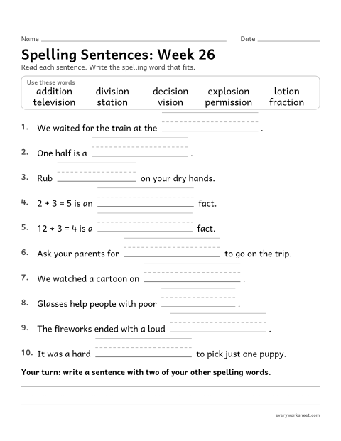 Preview of the printable “Spelling Sentences: week 26 (Endings -tion and -sion)” worksheet: writing spelling words in sentences