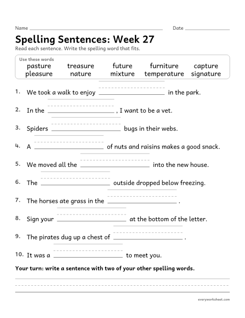 Preview of the printable “Spelling Sentences: week 27 (Endings -ture and -sure)” worksheet: writing spelling words in sentences