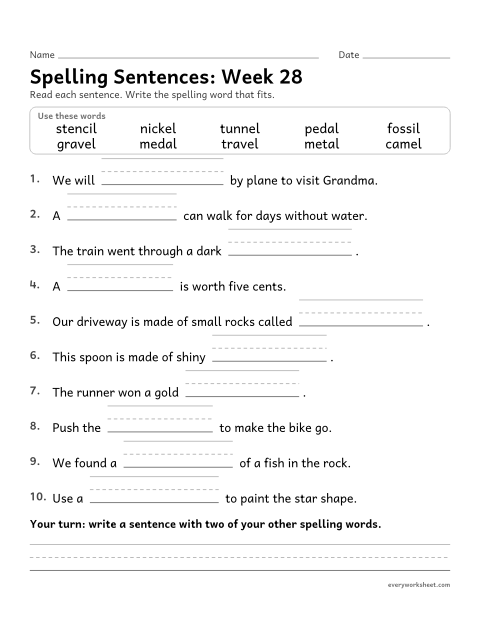Preview of the printable “Spelling Sentences: week 28 (Endings -el, -al and -il)” worksheet: writing spelling words in sentences