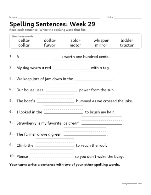 Preview of the printable “Spelling Sentences: week 29 (Endings -ar, -or and -er)” worksheet: writing spelling words in sentences