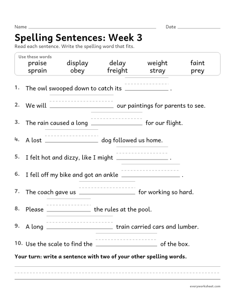 Preview of the printable “Spelling Sentences: week 3 (Long a: ai, ay, eigh, ey)” worksheet: writing spelling words in sentences