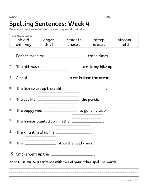 Preview of the printable “Spelling Sentences: week 4 (Long e: ee, ea, ie, ey)” worksheet: writing spelling words in sentences