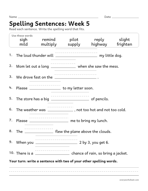 Preview of the printable “Spelling Sentences: week 5 (Long i: igh, y, i)” worksheet: writing spelling words in sentences