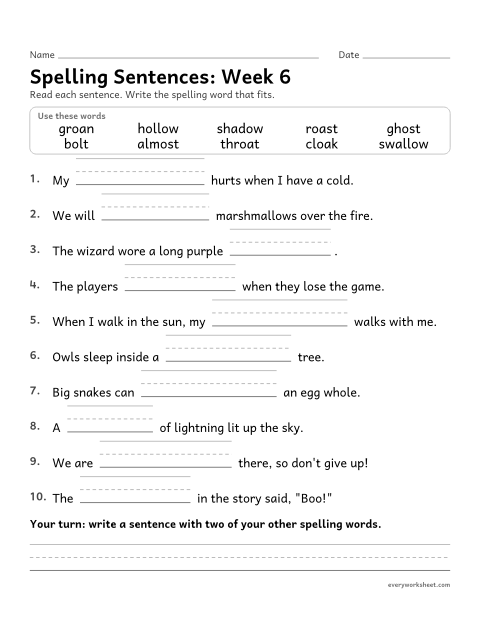 Preview of the printable “Spelling Sentences: week 6 (Long o: oa, ow, o)” worksheet: writing spelling words in sentences