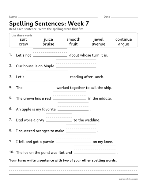 Preview of the printable “Spelling Sentences: week 7 (ue, ew, ui and oo)” worksheet: writing spelling words in sentences