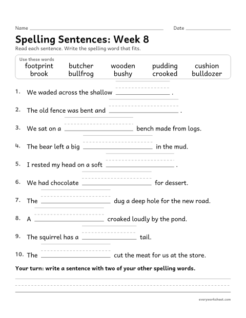 Preview of the printable “Spelling Sentences: week 8 (oo and u as in book and push)” worksheet: writing spelling words in sentences