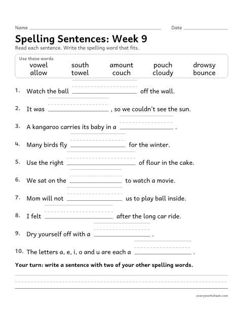 Preview of the printable “Spelling Sentences: week 9 (ou and ow)” worksheet: writing spelling words in sentences