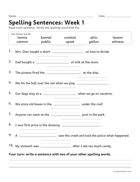 Preview of the printable “Spelling Sentences: week 1 (Closed syllables)” worksheet: writing spelling words in sentences