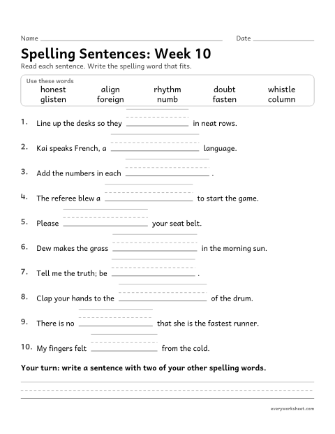 Preview of the printable “Spelling Sentences: week 10 (Silent letters: gn, mn, st, h and b)” worksheet: writing spelling words in sentences
