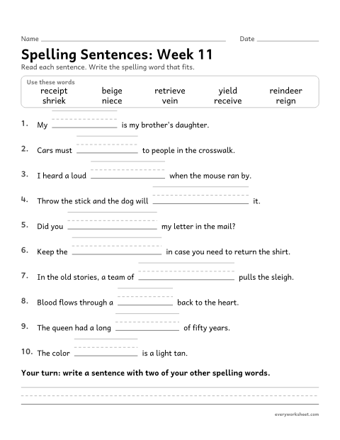 Preview of the printable “Spelling Sentences: week 11 (ie and ei)” worksheet: writing spelling words in sentences