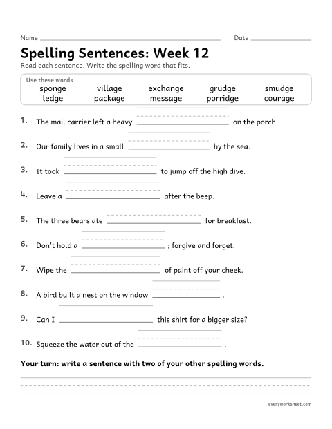 Preview of the printable “Spelling Sentences: week 12 (Endings -age, -dge and -nge)” worksheet: writing spelling words in sentences