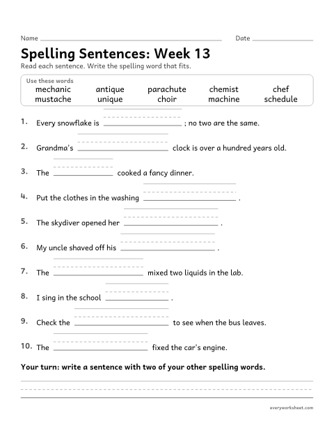Preview of the printable “Spelling Sentences: week 13 (que, and ch as /sh/ and /k/)” worksheet: writing spelling words in sentences