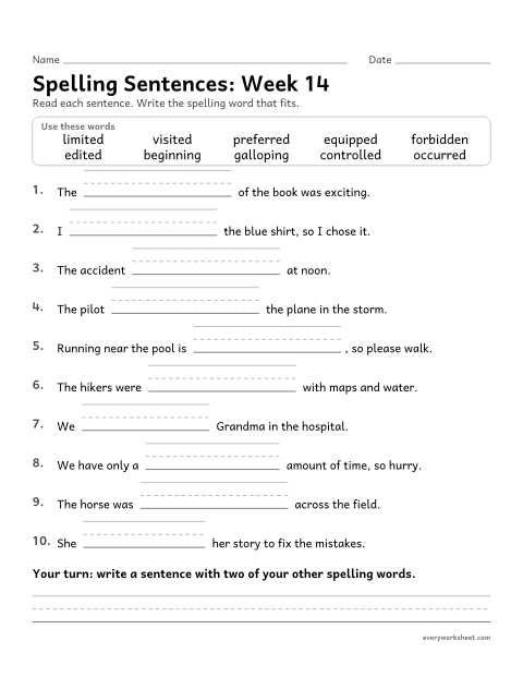 Preview of the printable “Spelling Sentences: week 14 (Doubling in longer words)” worksheet: writing spelling words in sentences